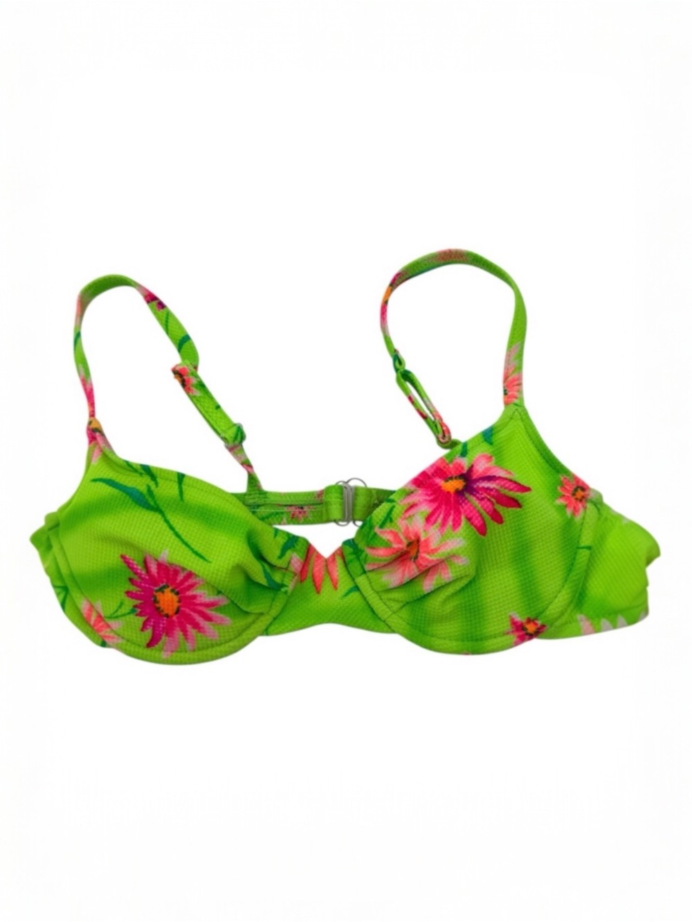 80s Sassafras Neon Lime Green Pink Floral Knit Bikini Top XS‎